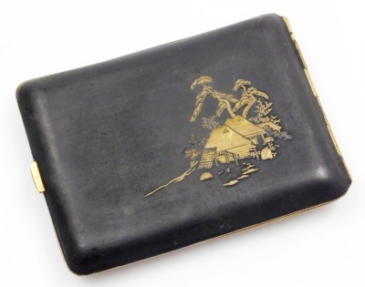 An early 20thC Japanese inlaid iron cigarette case, decorated with a village and lake scene, Mount Fuji beyond, verso two homesteads and trees, 11cm wide. - 2