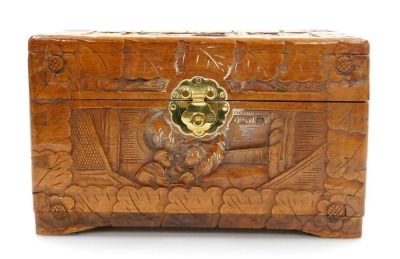 A Chinese camphor wood jewellery box, carved in relief with figures in landscapes, in a surround of leaves, 15cm high, 25cm wide, 15cm deep. - 2