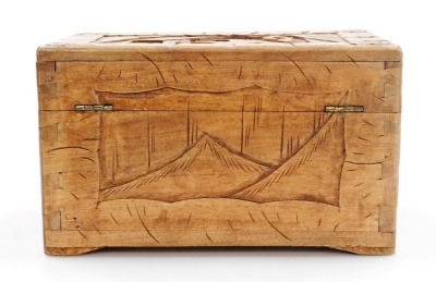 A Chinese camphor wood jewellery box, carved in relief with figures in landscapes, in a surround of leaves, 15cm high, 25cm wide, 15cm deep. - 4