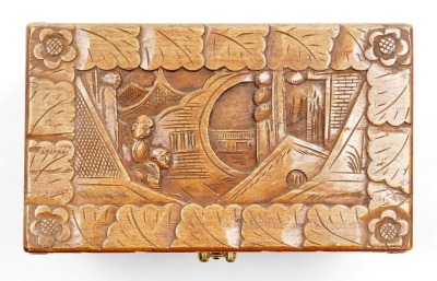 A Chinese camphor wood jewellery box, carved in relief with figures in landscapes, in a surround of leaves, 15cm high, 25cm wide, 15cm deep. - 6