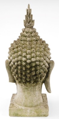 A 20thC concrete Buddha's head, raised on a square base, 57cm high. (AF) - 3