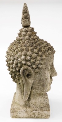 A 20thC concrete Buddha's head, raised on a square base, 57cm high. (AF) - 4