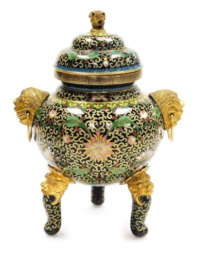 A Chinese cloisonne tripod incense burner and cover, with scrolling peony decoration, gilt lion mask and ring handles, 15cm high. (AF)