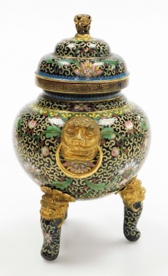 A Chinese cloisonne tripod incense burner and cover, with scrolling peony decoration, gilt lion mask and ring handles, 15cm high. (AF) - 2