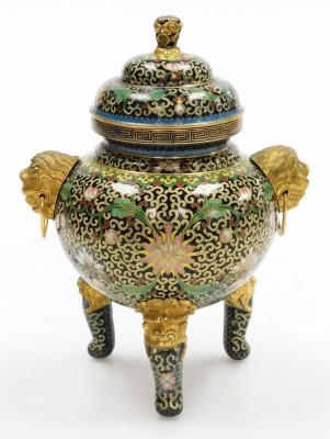 A Chinese cloisonne tripod incense burner and cover, with scrolling peony decoration, gilt lion mask and ring handles, 15cm high. (AF) - 3