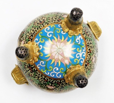 A Chinese cloisonne tripod incense burner and cover, with scrolling peony decoration, gilt lion mask and ring handles, 15cm high. (AF) - 6