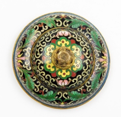 A Chinese cloisonne tripod incense burner and cover, with scrolling peony decoration, gilt lion mask and ring handles, 15cm high. (AF) - 7