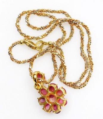 A floral pendant on chain, set with cabachon rutile filled rubies and tiny diamonds on a cabachon ruby and diamond set suspension loop to a bi-colour precious metal chain, 42cm long, 11.2g all in. - 3