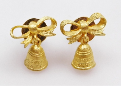 A pair of bell and bow drop earrings, post and butterfly backs, all in precious yellow metal, 1.3cm x 1.5cm approx, 6.1g all in.