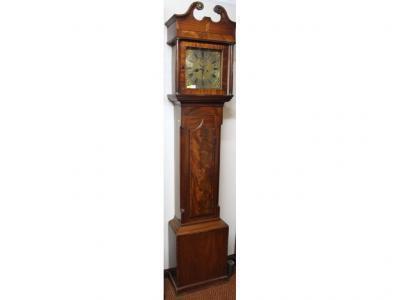 A flamed mahogany longcase clock with swan neck pillared hood