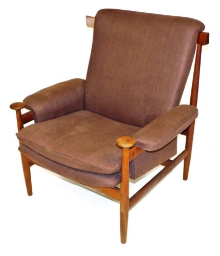 A Finn Juhl teak Bwana lounge chair, model 152, for France and Son circa 1960's, upholstered in brown draylon, 86cm wide.