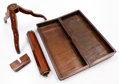 A Victorian mahogany campaign games table, with a rosewood and satinwood chess board top, the box opening to reveal a hexagonal table column and three folding tripod legs, 39cm wide, 16.5cm deep. - 2