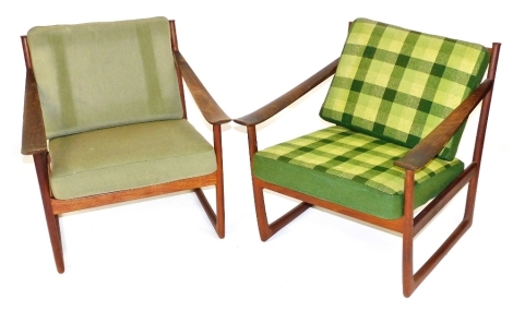 A pair of Danish teak armchairs, designed by Peter Hvidt and Orla Molgaard-Nielsen, for France and Sons, circa 1960's, one with plain green draylon cushions, the other with green gingham cushions, 69cm wide.