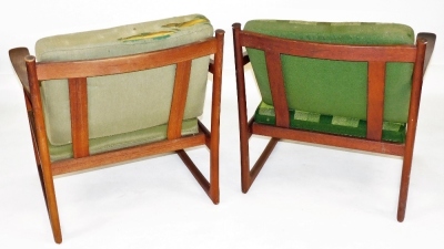 A pair of Danish teak armchairs, designed by Peter Hvidt and Orla Molgaard-Nielsen, for France and Sons, circa 1960's, one with plain green draylon cushions, the other with green gingham cushions, 69cm wide. - 2