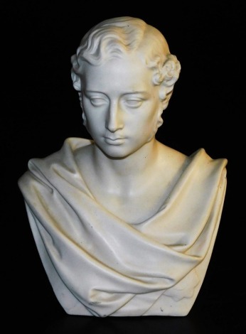 A late 19thC Copeland parian bust modelled as Prince Albert, sculpted by Marshall Wood 1863, impressed Copeland, Crystal Palace Art Union, published August 1st 1863, 26cm high.