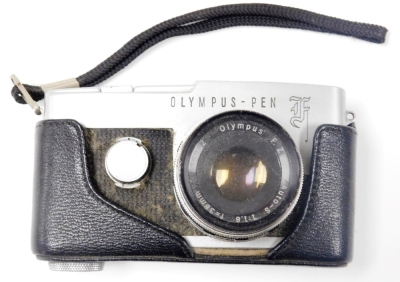 An Olympus pen-f camera, with 1..18 f=38mm lens, number 129037, an Agfa Coronet camera, Kodak Brownie Flash IV camera, cased, and a pair of opera glasses, cased. (4) - 3