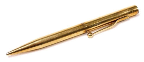 A 9ct gold propelling pencil, the screw top containing leads, 27.5g all in.