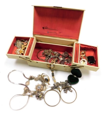 Silver and costume jewellery, including a silver ballerina brooch, necklaces, silver filigree bracelets and brooches, Omega gold plated dress wristwatch, clip earrings, etc., in a white jewellery box.