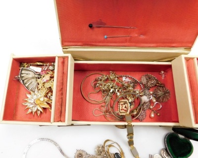 Silver and costume jewellery, including a silver ballerina brooch, necklaces, silver filigree bracelets and brooches, Omega gold plated dress wristwatch, clip earrings, etc., in a white jewellery box. - 2