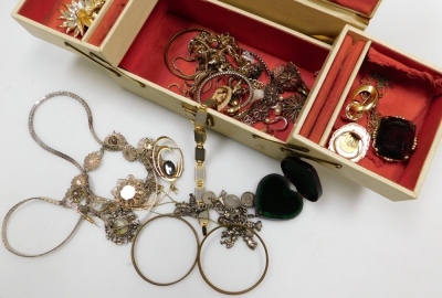 Silver and costume jewellery, including a silver ballerina brooch, necklaces, silver filigree bracelets and brooches, Omega gold plated dress wristwatch, clip earrings, etc., in a white jewellery box. - 3