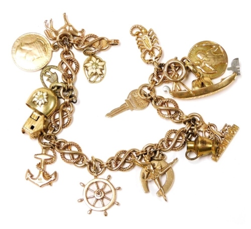 A 9ct gold fancy link charm bracelet, with sixteen charms as fitted, on a bolt ring clasp, 33.3g all in.