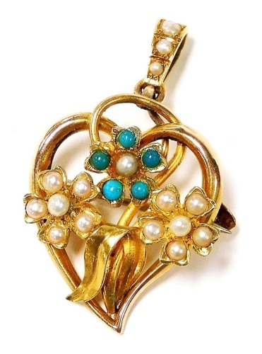 A 15ct gold seed pearl and turquoise pendant brooch, of leaf and triple floral form, 4.2g.