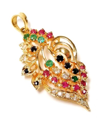 A diamond, ruby, sapphire and emerald pendant, of leaf form, set in yellow metal, with a ring suspension, 3g.