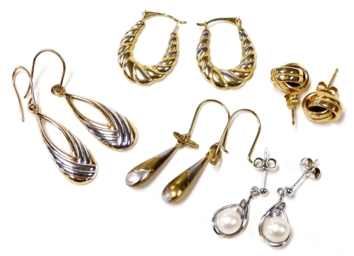 Five pairs of gold earrings, one set with cultured pearls and diamonds, 6.1g.