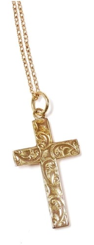 A 9ct rose gold cross pendant, foliate engraved, on a belcher link neck chain, 3.3g.