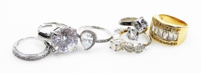 A group of paste set dress rings, various styles. (6)