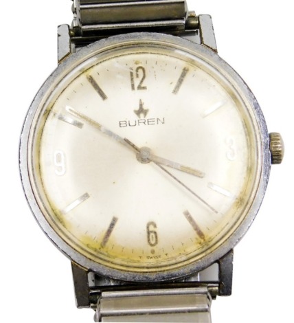 A mid century Buren gentleman's stainless steel cased wristwatch, circular dial bearing Arabic numerals at quarters, centre seconds, case back number 701801C, on an elasticated strap.