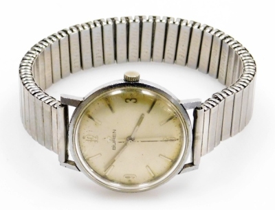 A mid century Buren gentleman's stainless steel cased wristwatch, circular dial bearing Arabic numerals at quarters, centre seconds, case back number 701801C, on an elasticated strap. - 2