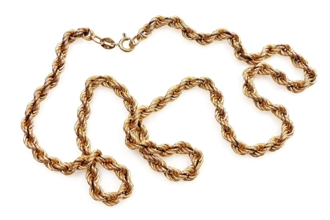 A 9ct gold rope twist neck chain, on a bolt ring clasp, 51cm wide, 10.5g.