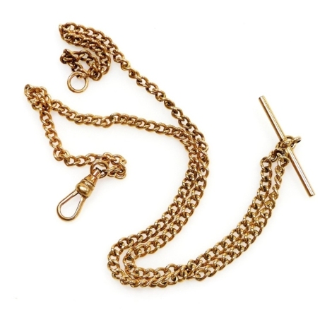 A 9ct gold curb link Albert chain, with T bar as fitted, on a lobster claw clasp, 45cm wide, 14.3g.