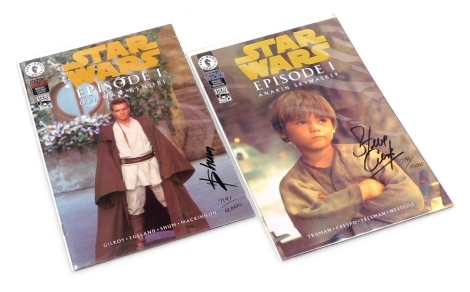 Two Dark Horse Star Wars episode one comic books, Anakin Skywalker, limited edition number 7191/10000, bearing signature, and Obi-Wan Kenobi, limited edition number 7191/100000, bearing signature.