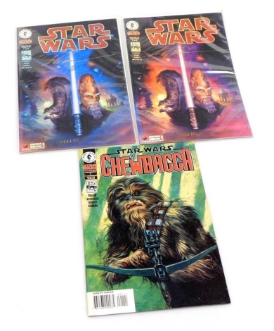 Three Dark Horse Star Wars comic books, Chewbacca 1, and two Star Wars Prelude to Rebellion 1/6, limited edition numbers 1271/4000 and 129/4000, bearing signatures.