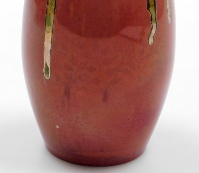 A Pilkington Royal Lancastrian pink and silver lustre pottery vase, of elongated cylindrical form, impressed marks and numbered 2564, 18.5cm high. (AF) - 6