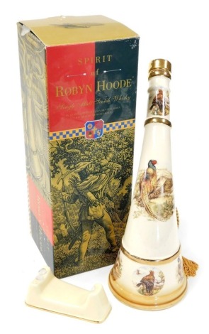 A bottle of Spirit of Robyn Hoode single malt scotch whisky, in an English porcelain hunting horn, decorated with 22ct gold, 70cl, boxed.