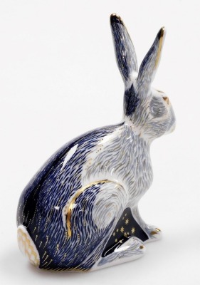 A Royal Crown Derby porcelain Starlight Hare paperweight, an exclusive for the Royal Crown Derby Collector's Guild, gold stopper and red printed marks, 12cm high, boxed. - 2