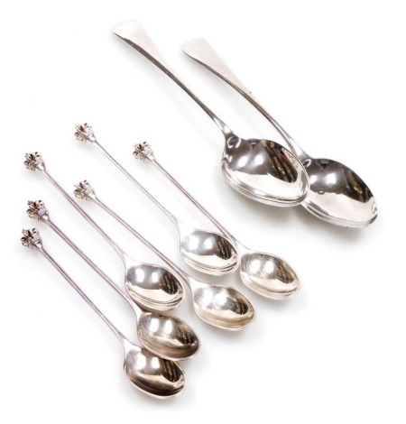 A set of six Danish silver coffee spoons, each with an open crown finial, maker's mark for Dansk Guldindustri, and two further Old English pattern teaspoons, 2.93oz.