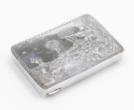 A Victorian silver snuff or patch box of hunting interest, of rectangular form, the hinged lid bright cut decorated depicting a gentleman in a rural scene with shot gun and two hunting dogs, Pair Point Brothers, London 1870, 2.64 oz, 8cm wide.