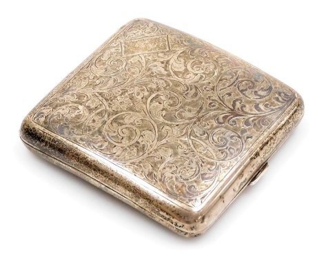 A Victorian silver cigarette case, bright cut decorated with flowers, scrolls and leaves, Birmingham 1856, 3.41oz, 9cm wide.