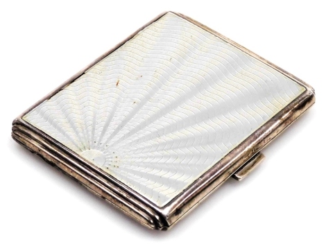 A George VI silver and guilloche enamel cigarette case, the reverse with engine turned decoration, Deakin and Francis Ltd, Birmingham 1937, 3.45oz all in, 8cm high.