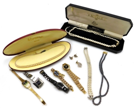 A Lotus Royale two strand simulated pearl necklace, boxed, Rosita Petite simulated pearl single strand necklace, boxed, further necklaces, paste set pendant and earrings and lady's dress wristwatches.