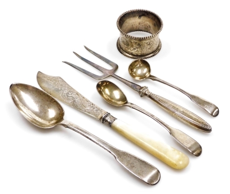 A group of small silver, to include a Fiddle pattern dessert spoon, London 1816, mustard spoon, napkin ring, silver handled pickle fork, etc., weighable silver 3.12oz.