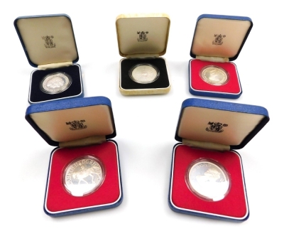 Five Elizabeth II Royal Mint silver proof coins, comprising 1981 Charles and Diana, 1980 80th Birthday of The Queen Mother, Mauritius twenty-five rupee coin, 1977 coin, and Gibraltar twenty-five pence coin.