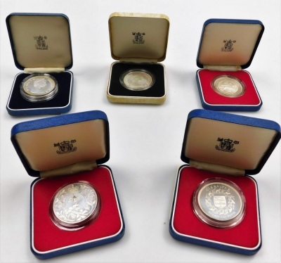 Five Elizabeth II Royal Mint silver proof coins, comprising 1981 Charles and Diana, 1980 80th Birthday of The Queen Mother, Mauritius twenty-five rupee coin, 1977 coin, and Gibraltar twenty-five pence coin. - 2