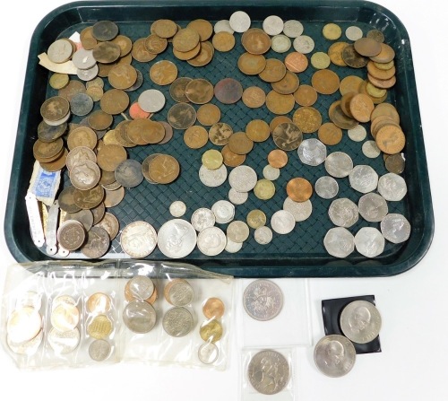 A group of pre decimal copper and other coinage, to include pennies, half pennies, a Queen Victoria 1889 crown, 1912 threepence, commemorative crowns, etc. (1 tin)