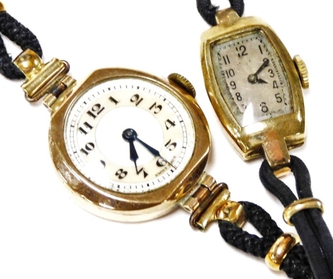 An early 20thC Cyam lady's 9ct gold cased wristwatch, oblong dial bearing Arabic numerals, together with a further 9ct gold cased wristwatch, with a circular dial bearing Arabic numerals, Swiss movement. (2)