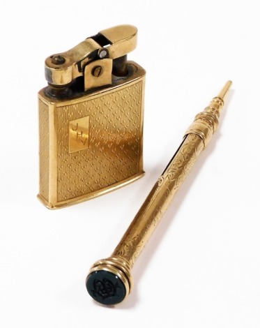 A Sampson Mordan and Company gold plated propelling pencil, with a monogrammed seal terminal, together with a gold plated pocket lighter, with engine turned decoration, rectangular shield reserve, monogram engraved. (2)